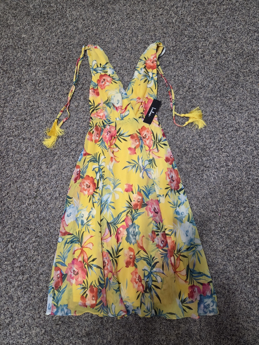 Lush Yellow Floral Midi Dress with Pink & Blue Blooms